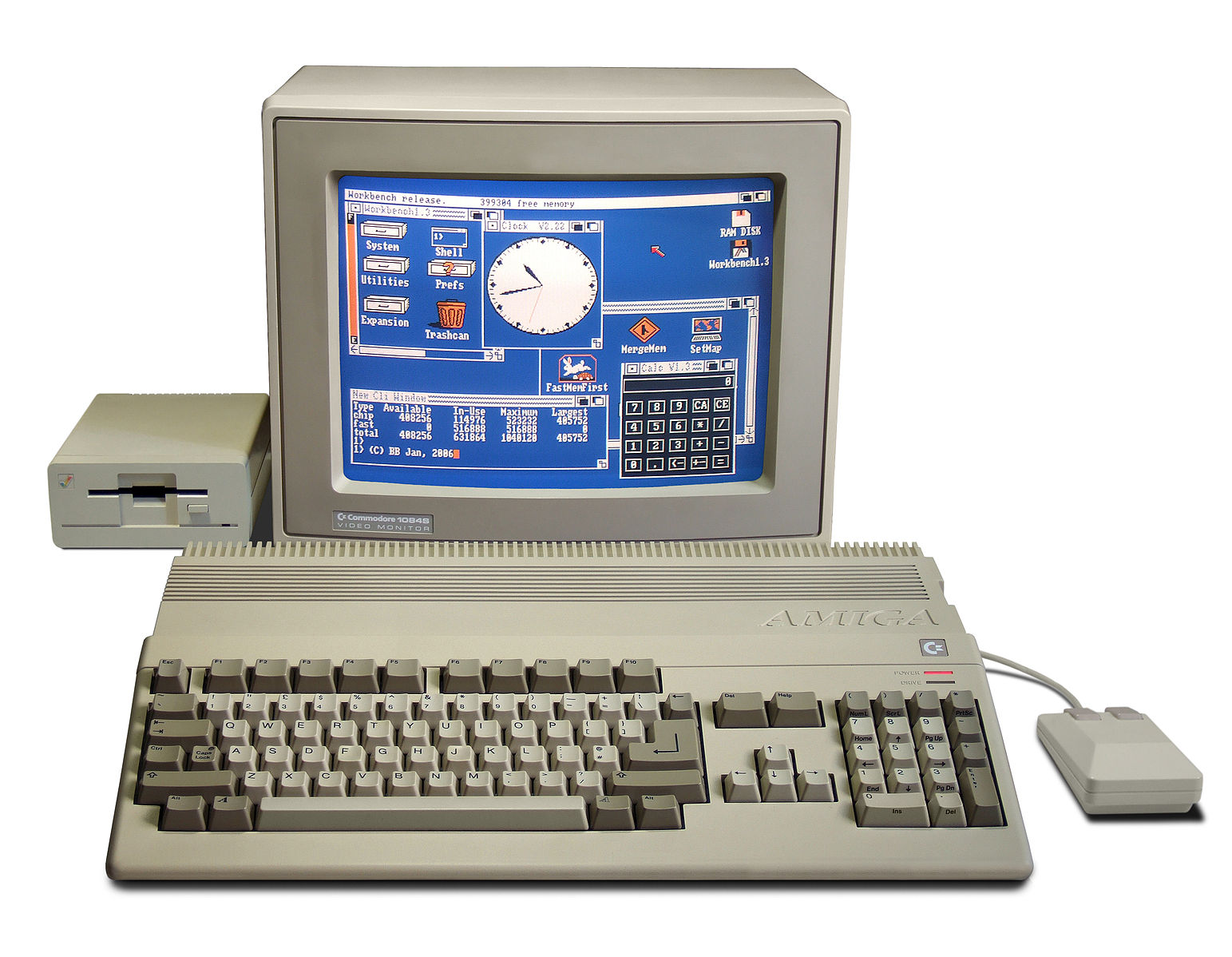 Amiga 500, Courtesy of Wikimedia Commons The Amiga 500 personal computer system, pictured with a monitor, a mouse, a keyboard, and a floppy disk drive.